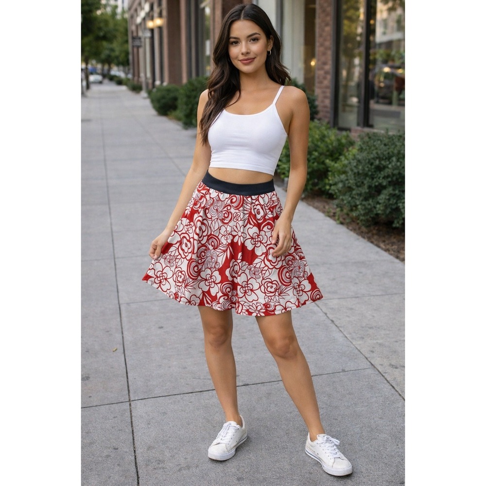 Y2K Wet Seal Red Floral‎ Skater Skirt Retro High-Waisted Flowy Mini Size S